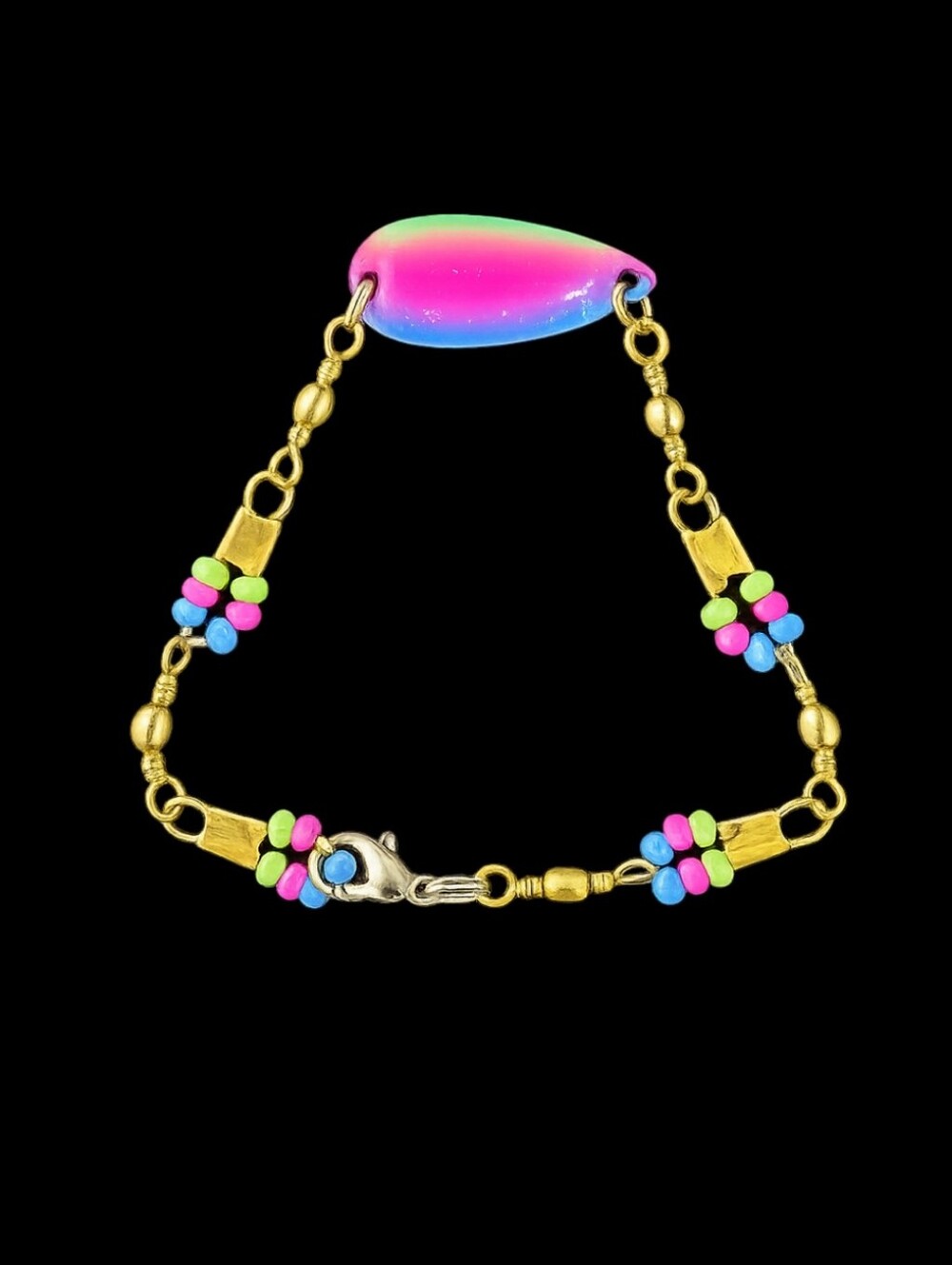 NEW Handcrafted Fishing Lure Swivel & Bait Neon Beaded Bracelet. Measures 7in
